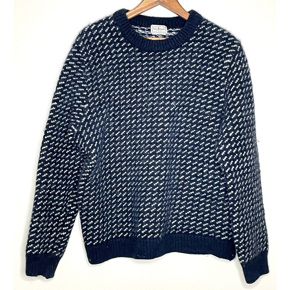 LLBean Norwegian Mens M/L Blue Birdseye Knit Crewneck Sweater Wool Rayon VTG Y2K